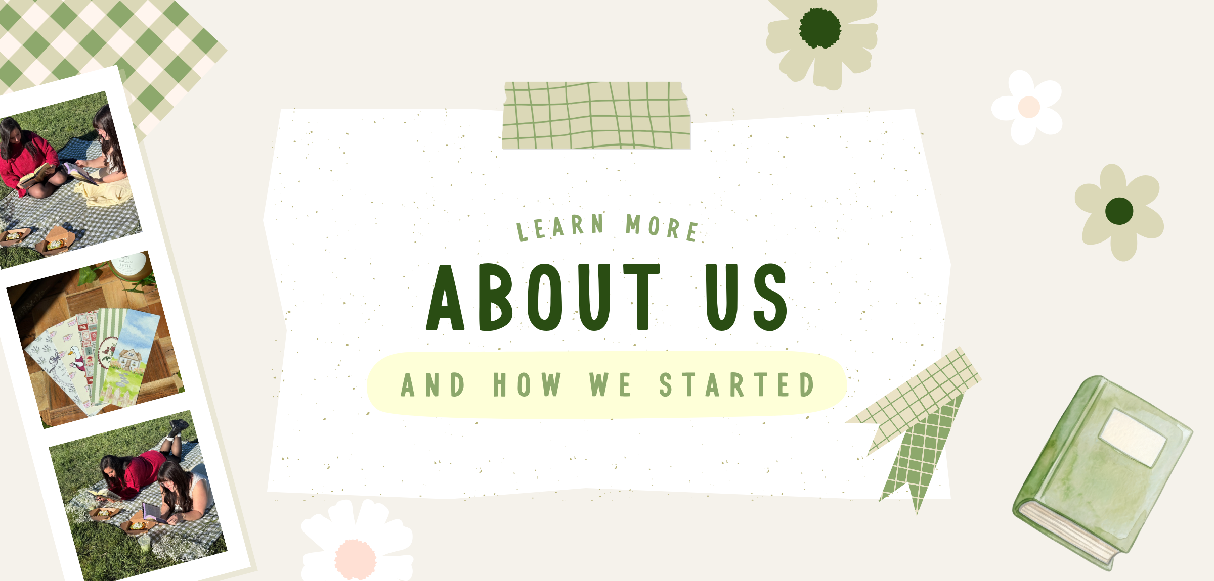Promotional graphic with text 'Learn More About Us and How We Started' on a light background with decorative elements.
