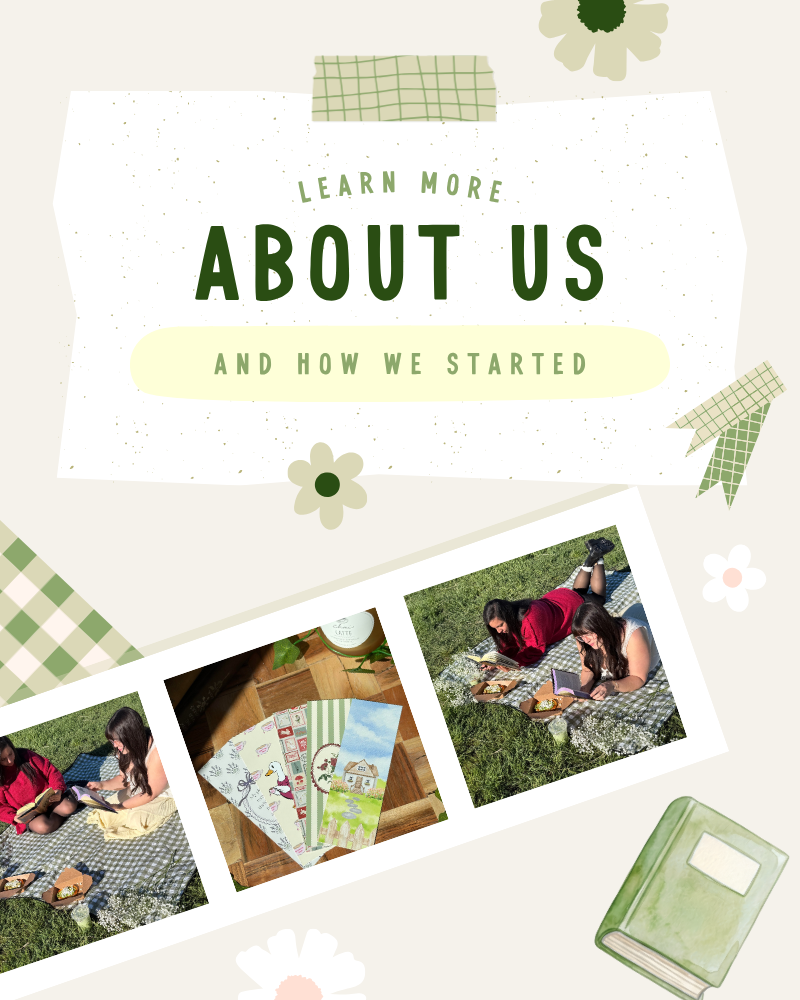 Promotional graphic with text 'Learn more about us and how we started' and images of people having a picnic.