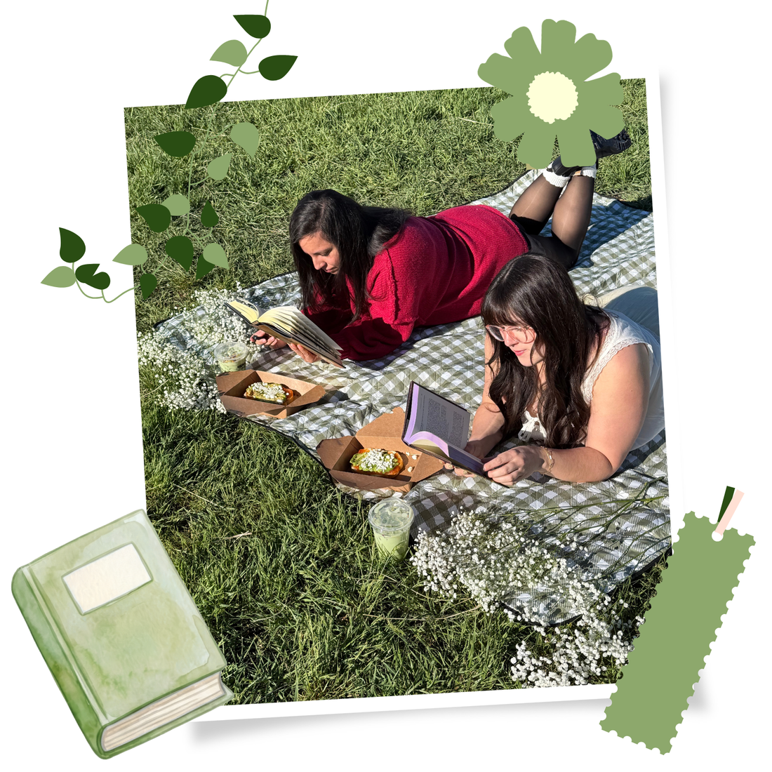Two women lying on a picnic blanket in a grassy area, reading books.