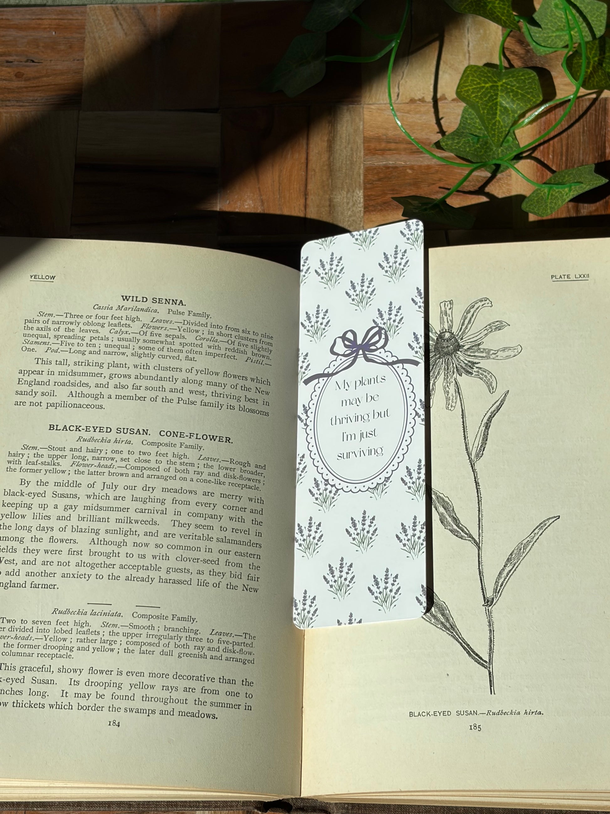 White bookmark with lavender plant bundles in a pattern covering the background. Featuring an oval frame in the center saying "My plants may be thriving but I'm just surviving." The bookmark is sitting on an open book.